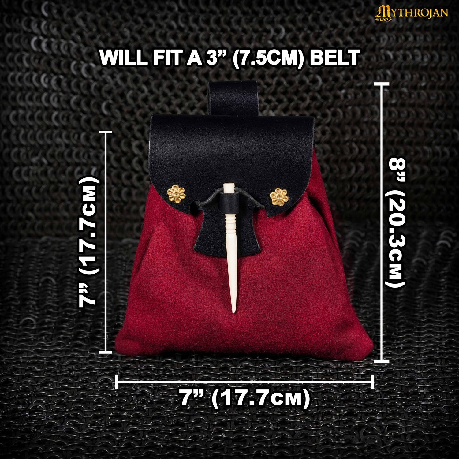 Mythrojan “Gold and Dice” Medieval Fantasy Belt Bag with Bone Needle Closure, Ideal for SCA LARP reenactment &amp; Ren fair, Black and Maroon, 7”×7”