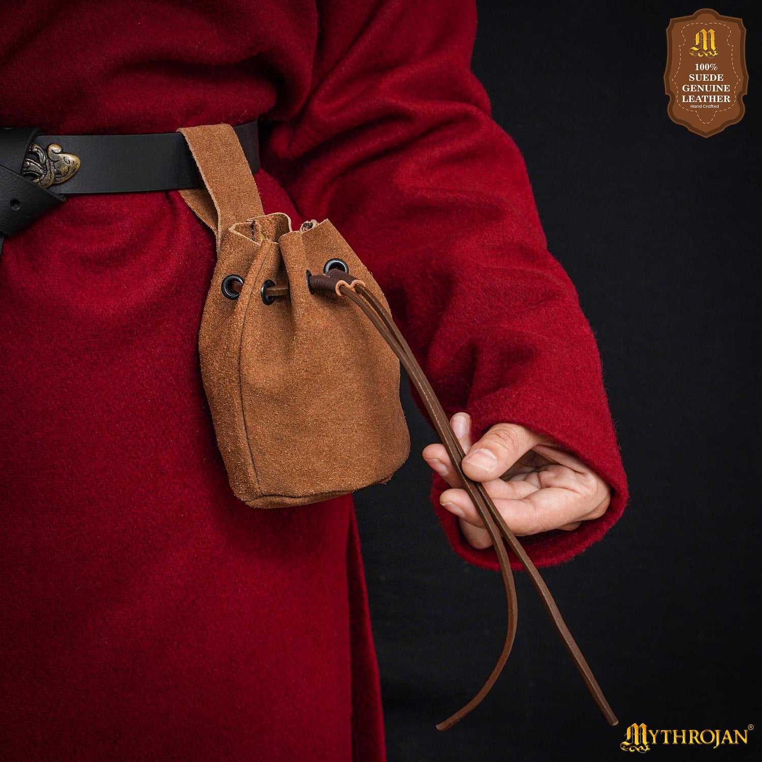 Mythrojan Medieval Drawstring Belt Bag, Ideal for SCA LARP Reenactment &amp; Ren fair , Suede Leather , Brown 6” ×5 ”