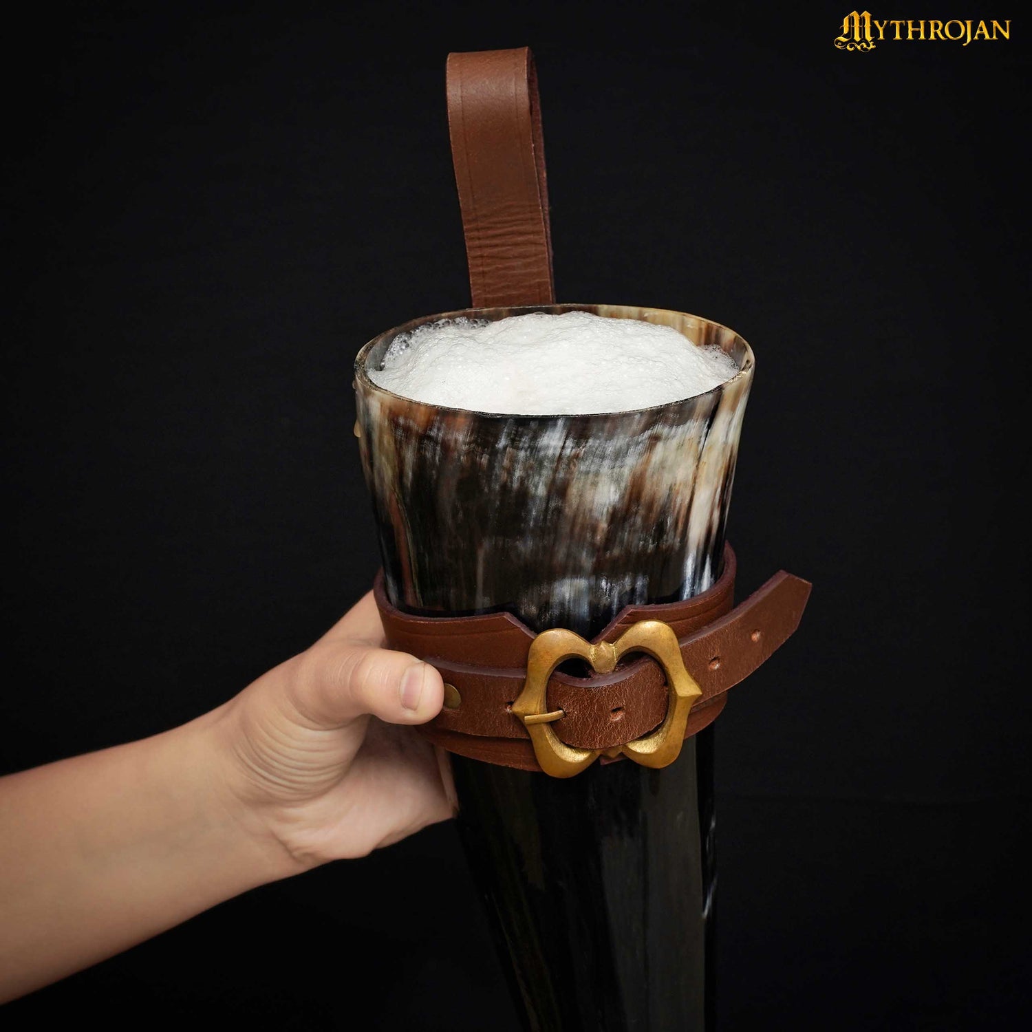 Mythrojan THE LOYAL SOLDIER - Viking Drinking Horn with Leather Holder Authentic Medieval Inspired Viking Wine/Mead Mug - Polished Finish - 600 ML / Brown