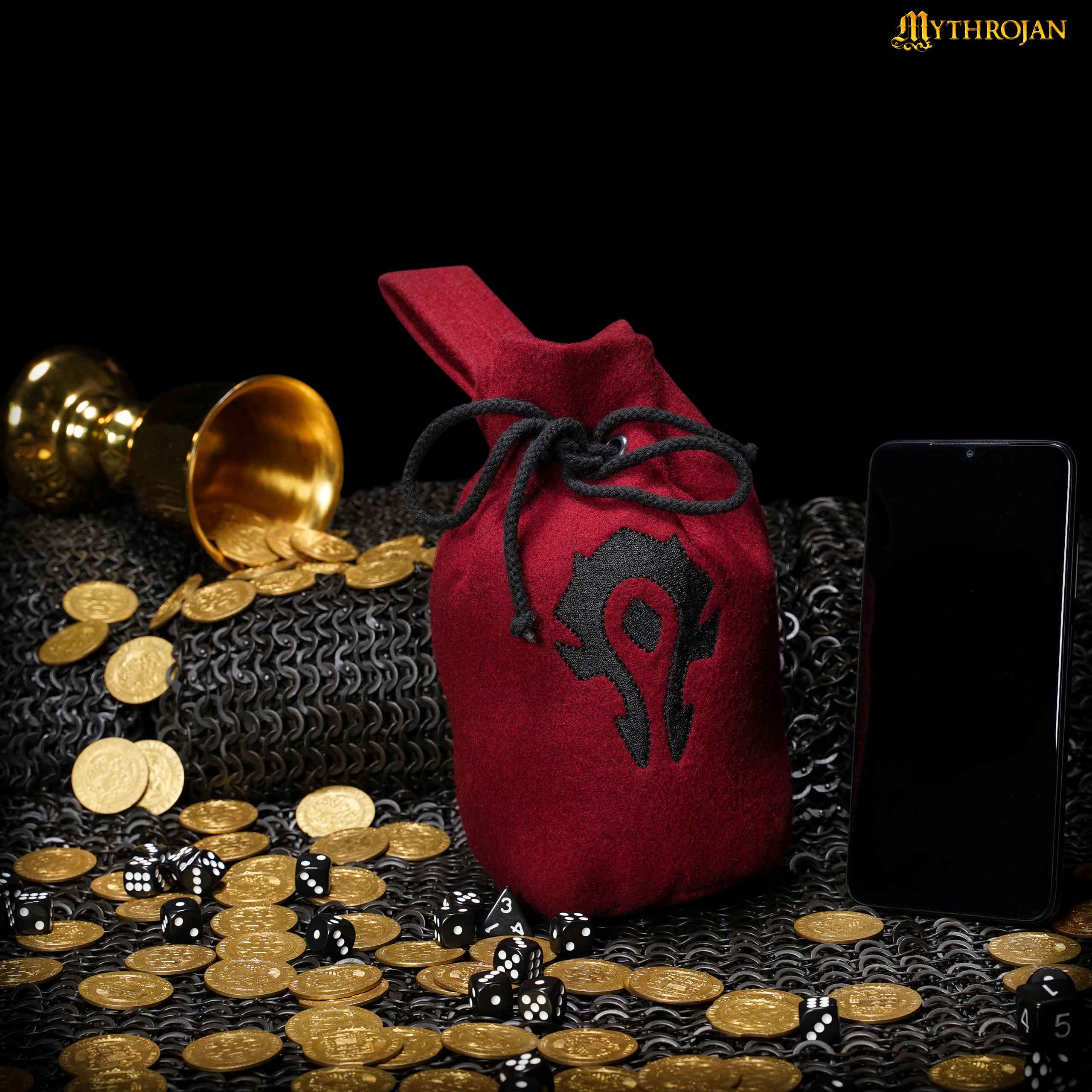 Mythrojan “For the Horde” Wool Drawstring Belt Pouch: Costume Accessory Coin Purse , Maroon , 8” × 6.5”