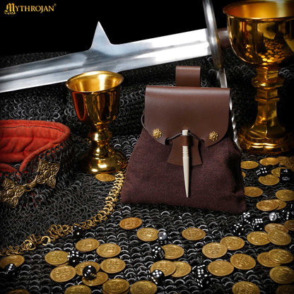 Mythrojan “Gold and Dice” Medieval Fantasy Belt Bag with Bone Needle Closure, Ideal for SCA LARP reenactment &amp; Ren fair, Brown, 7”×7”