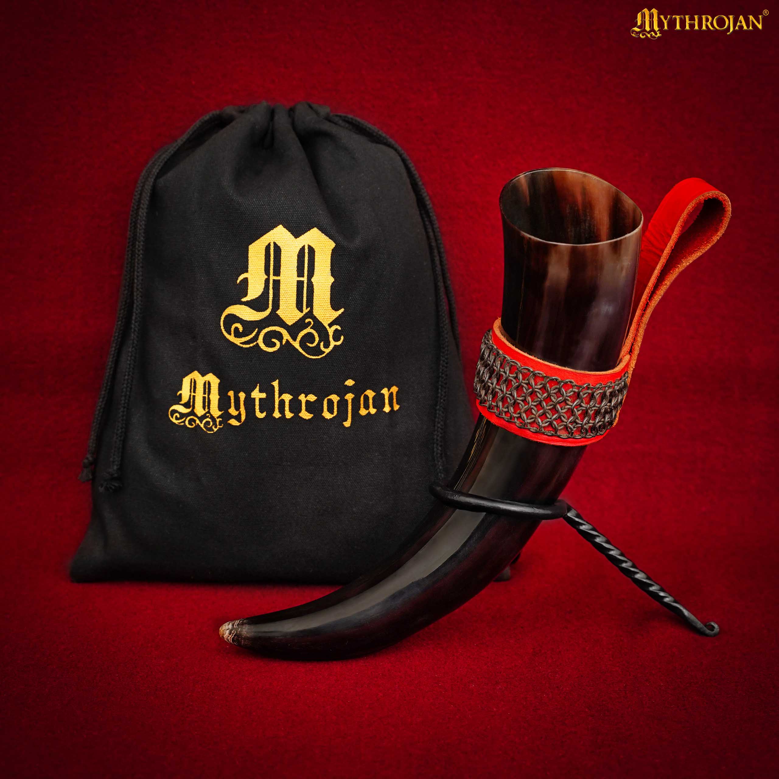 Mythrojan THE WITCHER COMPANION Viking Drinking Horn with Red Leather Holder Authentic Medieval Inspired Viking Wine/Mead Mug - Polished Finish