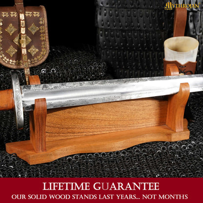 Mythrojan Solid Wood Sword Stand Medieval Sword Wall Mount Samurai Sword Display Stand Katana Sword Holder Gladiator Sword Wall Display Crusader Sword Stand Knife Stand for Display - One Tier Stand 17.5&quot;