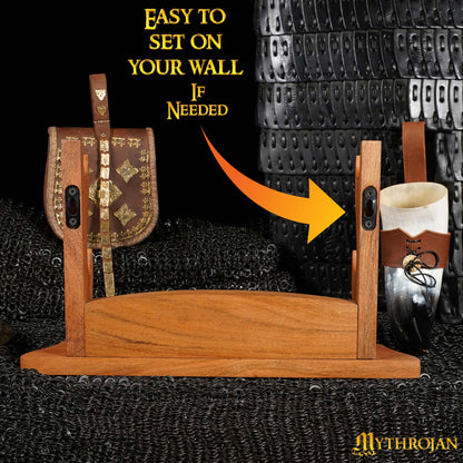 Mythrojan Solid Wood Sword Stand Medieval Sword Wall Mount Samurai Sword Display Stand Katana Sword Holder Gladiator Sword Wall Display Crusader Sword Stand Knife Stand for Display - Two Tier Stand