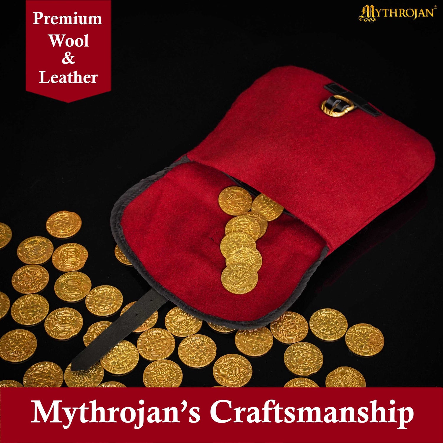 Mythrojan Late Medieval Belt Bag, Ideal for SCA LARP Reenactment &amp; Ren fair, Full Grain Leather and Wool , Maroon , 6.2 ”× 7&quot;