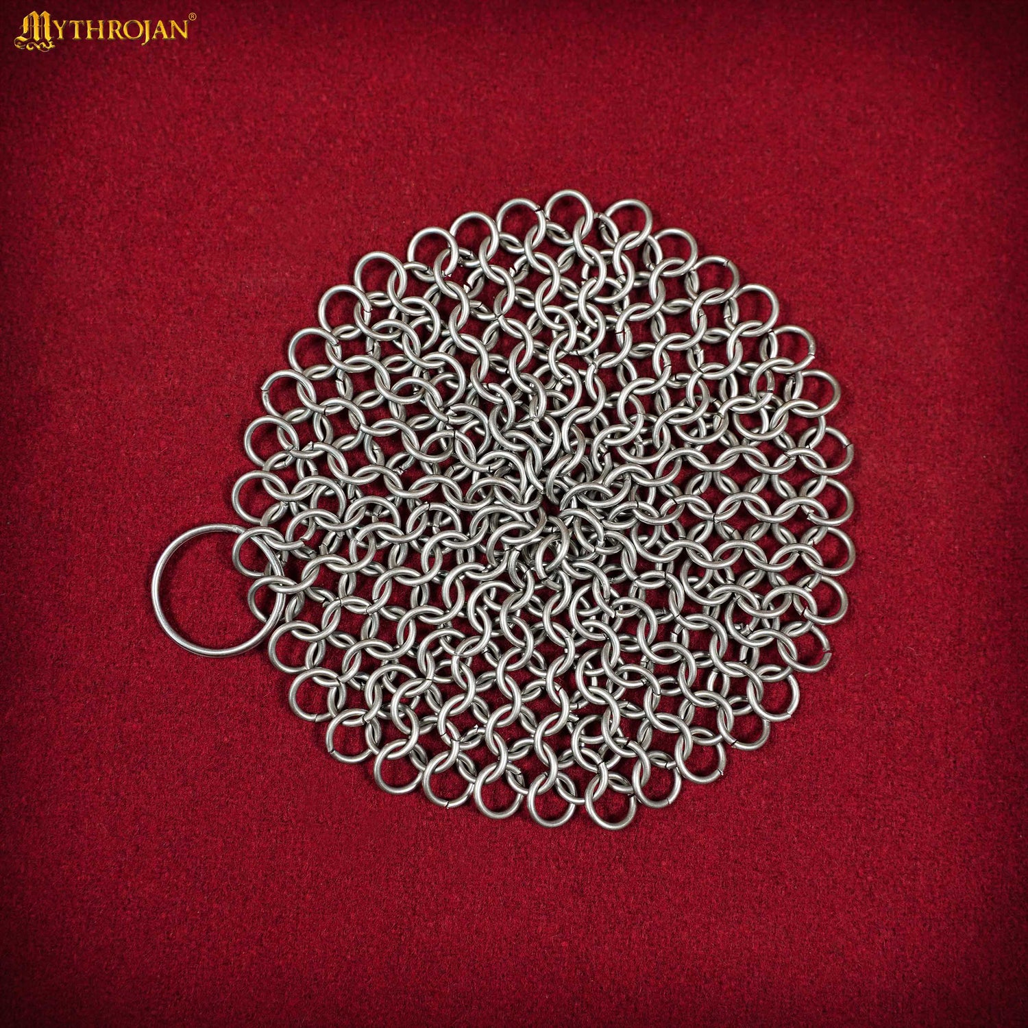 Mythrojan Chainmail Round Stainless Steel Scrubber, Ideal for Cleaning Cast Iron Skillet, Wok, Cooking Pot, Griddle or Cast Iron Cauldron Maintenance, Diameter: 4.7”