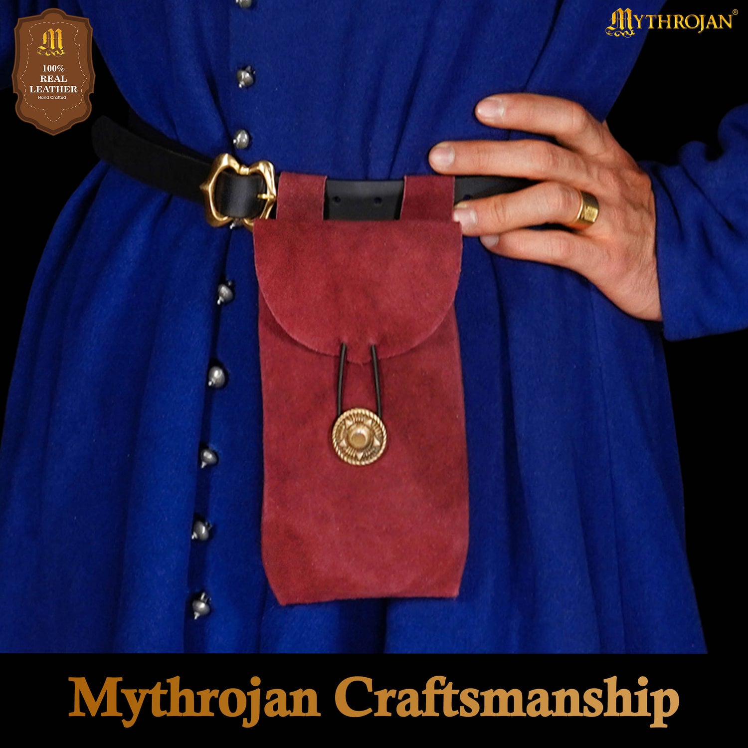 Mythrojan Suede Belt Bag, Ideal for SCA LARP Reenactment &amp; Ren fair, Suede Leather, Wine Red , 7.2 ”× 4.7 ”