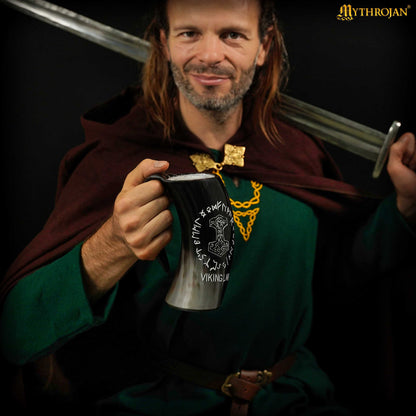 Mythrojan Viking Drinking Tankard with Medieval Buckle Leather Strap Wine Beer Mead Mug - Polished Finish - Viking Liar