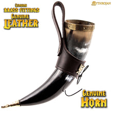 mythrojan-the-bird-of-prey-viking-drinking-horn-with-brown-leather-holder-authentic-medieval-inspired-viking-wine-mead-mug-polished-finish-350ml