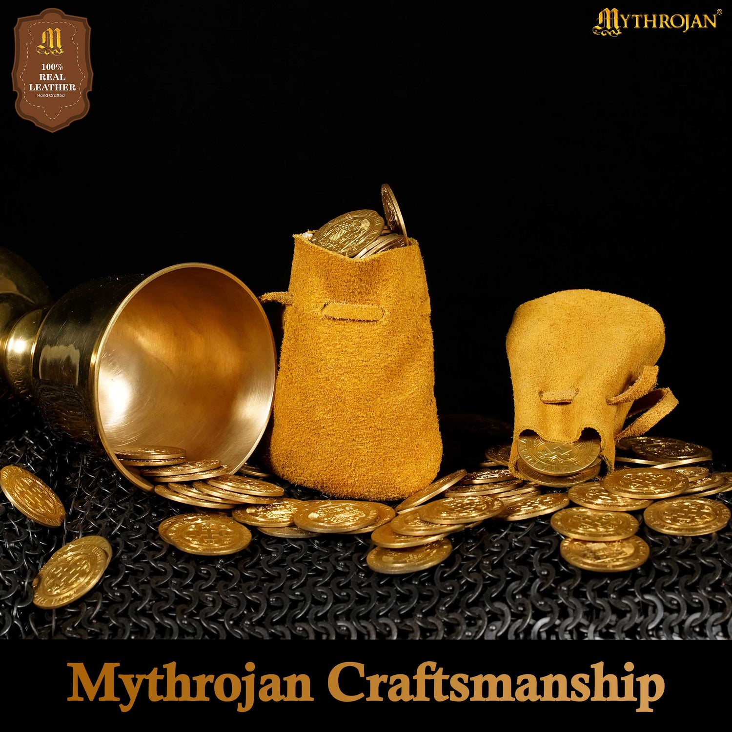 Mythrojan Pair of Medieval Drawstring Pouches, Ideal for SCA LARP Reenactment &amp; Ren fair - Suede Leather, Yellow