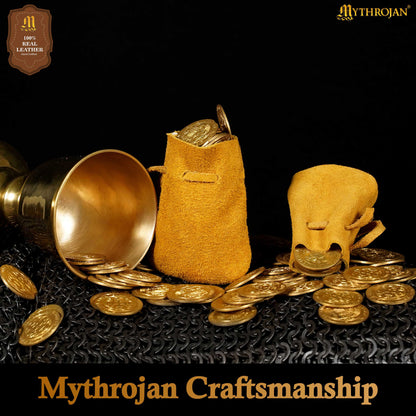 Mythrojan Pair of Medieval Drawstring Pouches, Ideal for SCA LARP Reenactment &amp; Ren fair - Suede Leather, Yellow