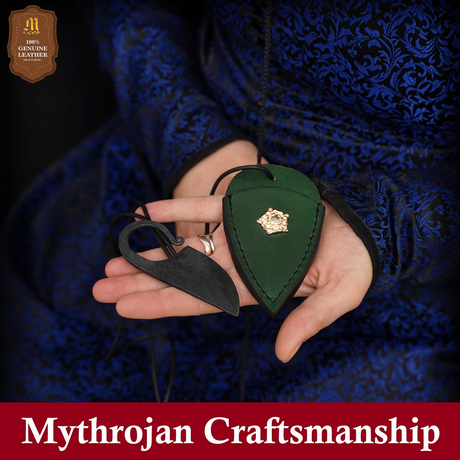 Mythrojan Celtic Ring Knife Hand Forged Necklace Knife with Green Leather Sheath