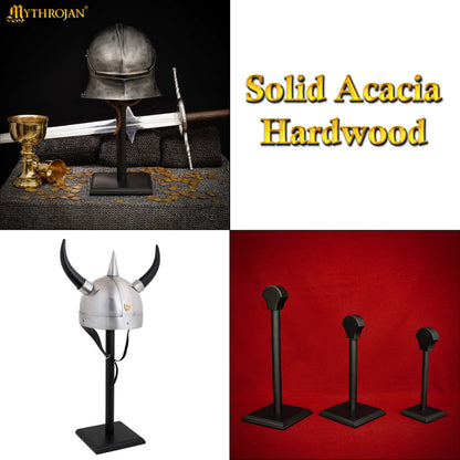 Mythrojan Wooden Helmet Stand Solid Medieval Roman Viking Helmet Display Stand Wooden Star Wars Helmet Stand Mask Display Templar Spartan Cosplay LARP Knight Stand Black