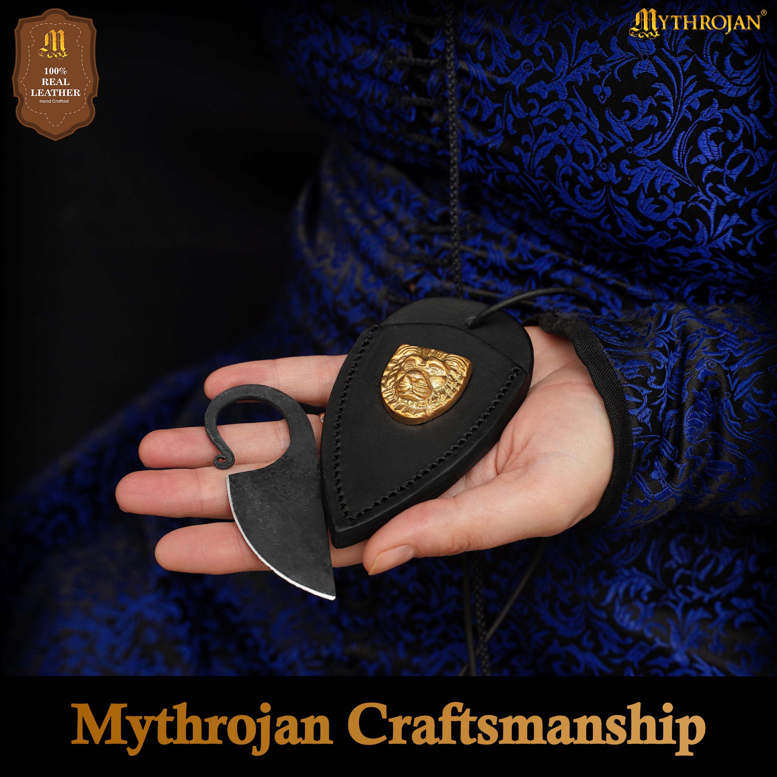 Mythrojan Celtic Ring Knife Hand Forged Knife Necklace with Black Leather Sheath