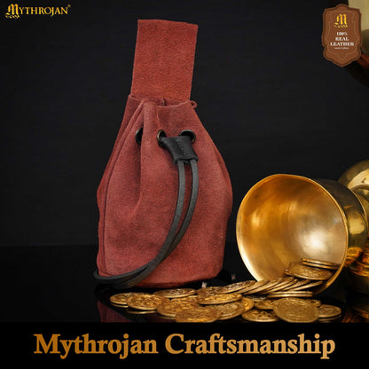 Mythrojan Medieval Drawstring Belt Bag, Ideal for SCA LARP Reenactment &amp; Ren fair , Suede Leather , Burgundy 6” ×5 ”