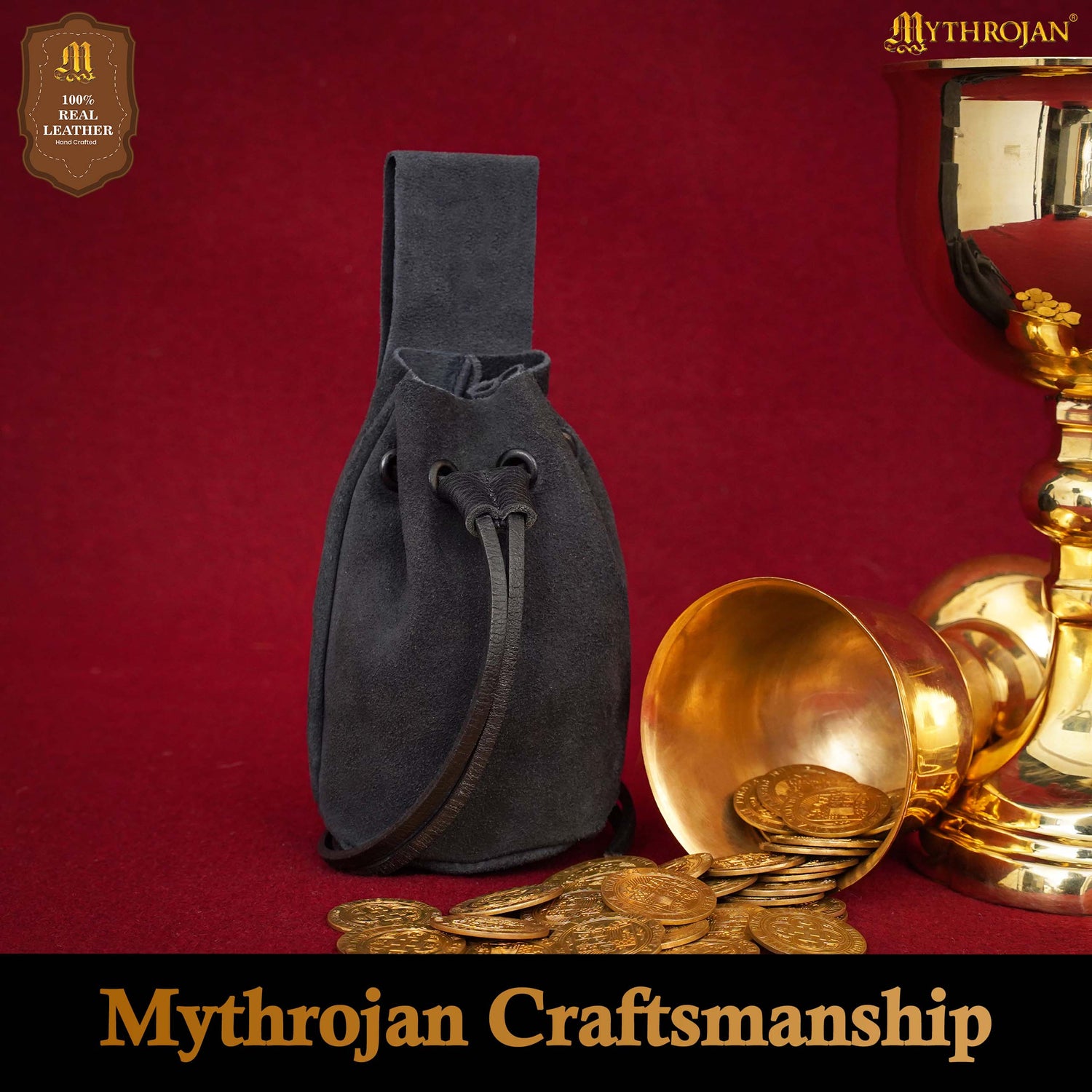 Mythrojan Medieval Drawstring Belt Bag, Ideal for SCA LARP Reenactment &amp; Ren Fair, Suede Leather, Midnight Navyblue, 5”×6”