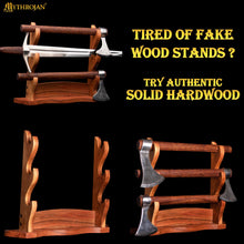 mythrojan-solid-wood-sword-stand-medieval-sword-wall-mount-samurai-sword-display-stand-katana-sword-holder-gladiator-sword-wall-display-crusader-sword-stand-knife-stand-for-display-three-tier-sand