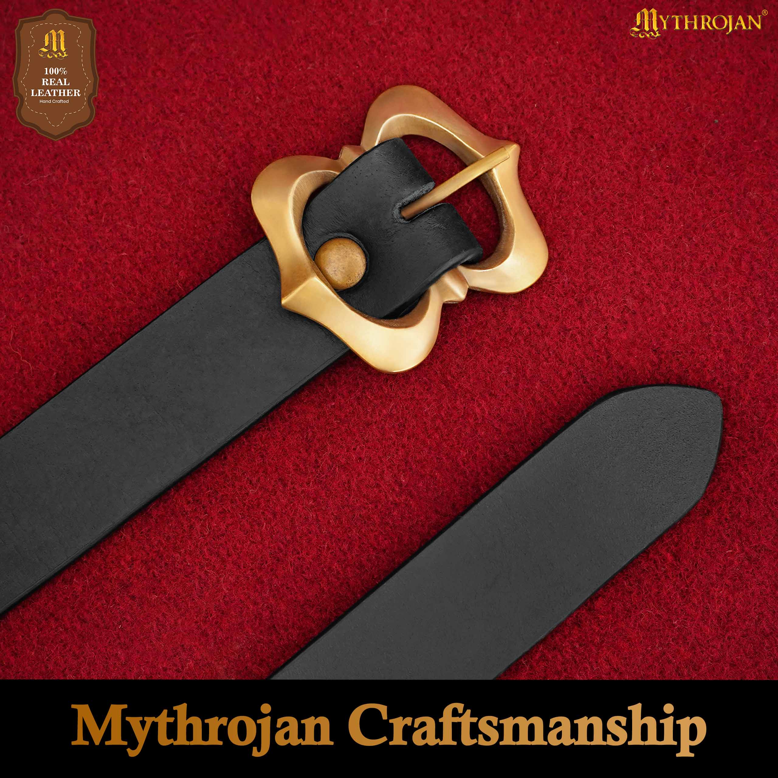 Mythrojan Medieval Leather Belt with Solid Brass Buckle, Ideal for LARP SCA Medieval Renaissance Knight Reenactment