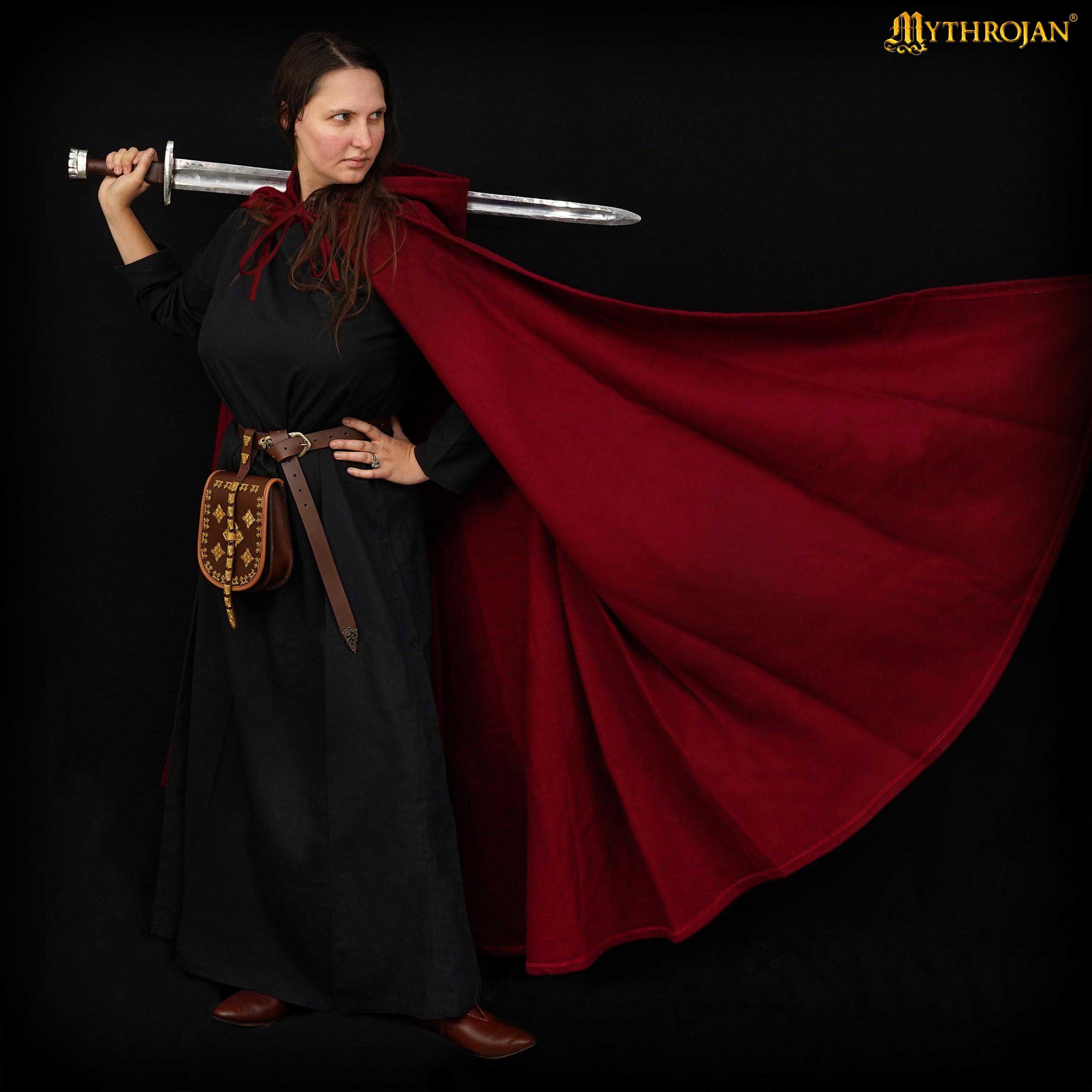 Mythrojan “Adventurer” CANVAS Cloak/Cape 100% cotton Medieval Viking Knight SCA LARP, Red, Large