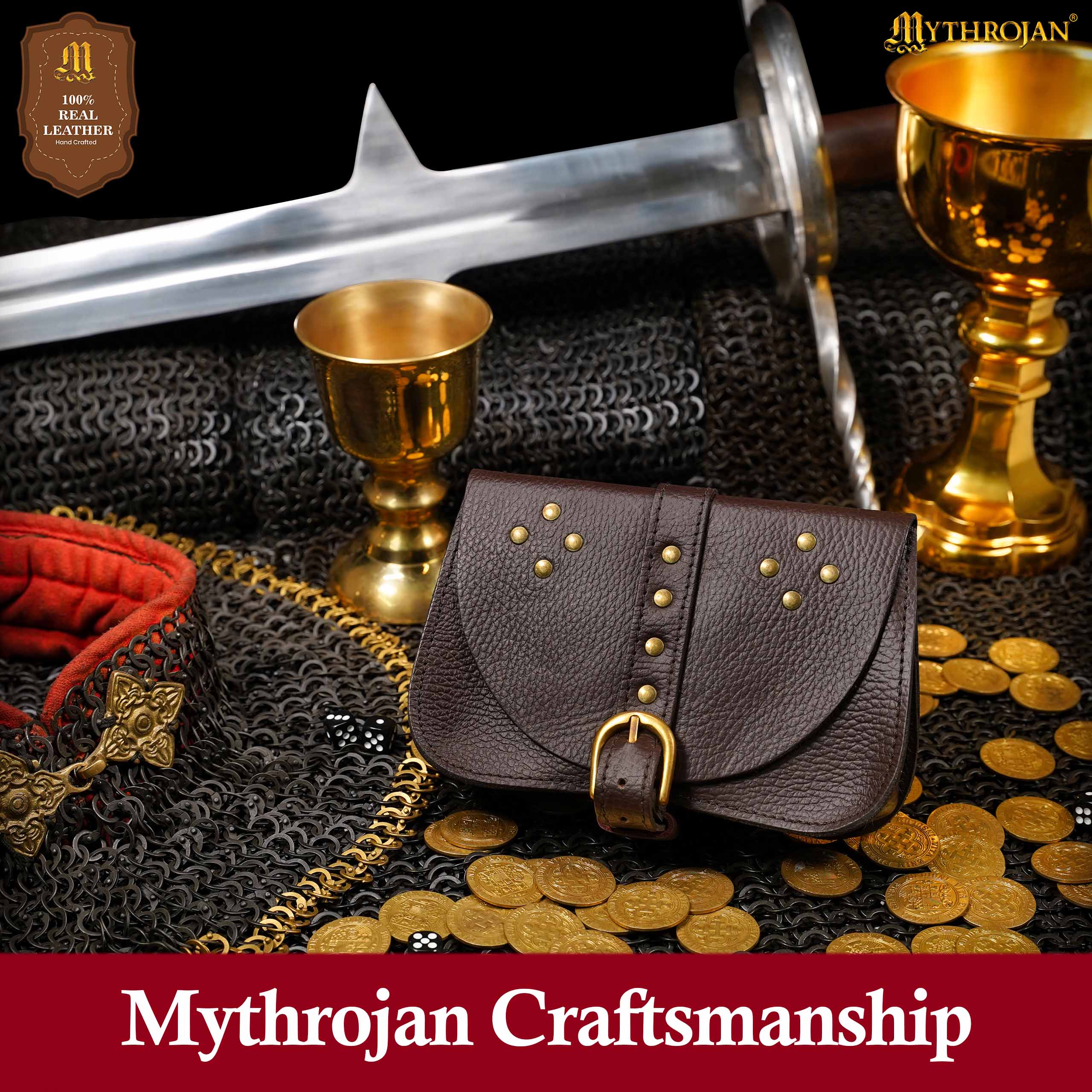 Mythrojan Leather Hip Pouch, Ideal for Medieval LARP Cosplay SCA belt Purse, Full Grain Leather, Brown, 7.4”×5.1”