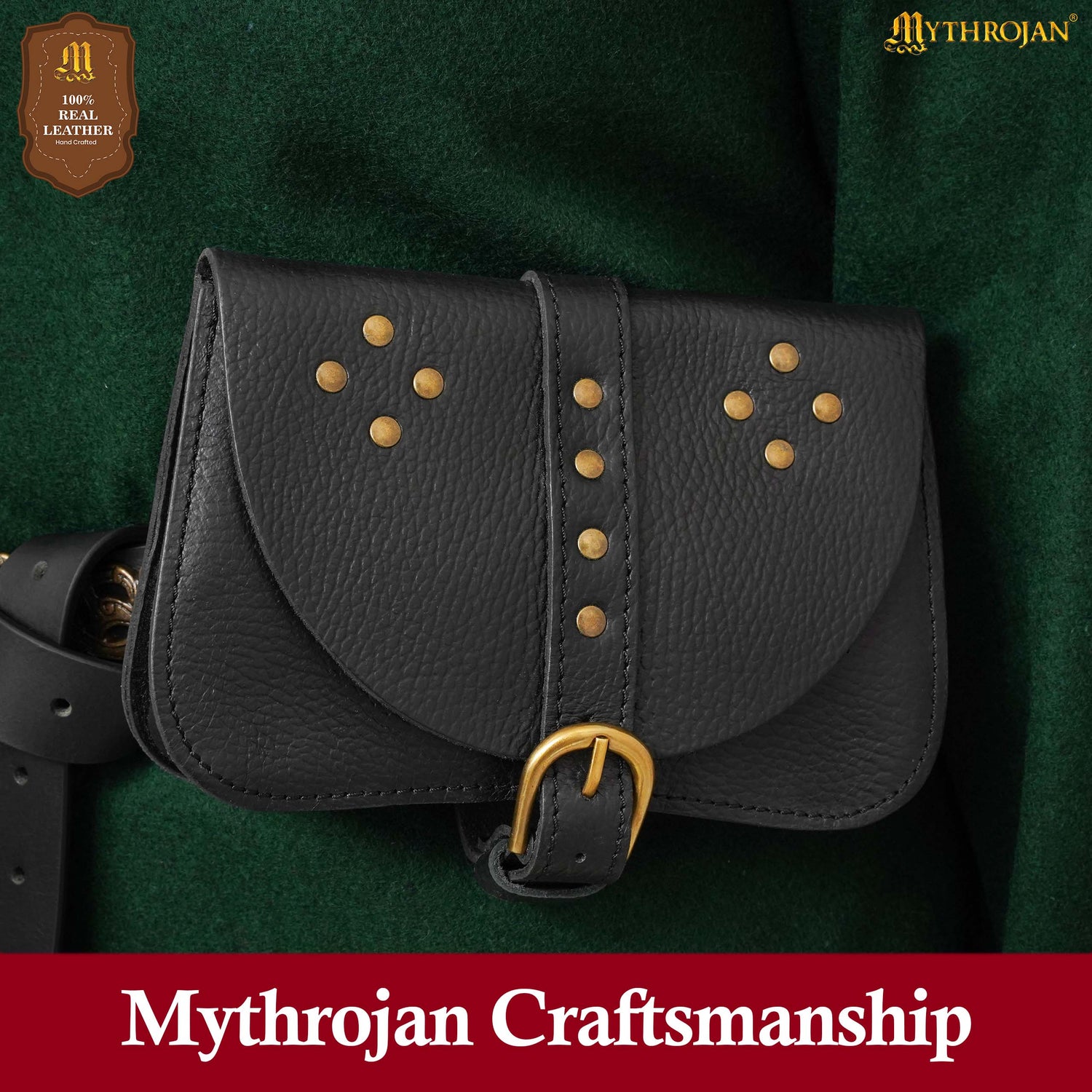 Mythrojan Leather Hip Pouch, Ideal for Medieval LARP Cosplay SCA belt Purse, Full Grain Leather, Black, 7.4”×5.1”