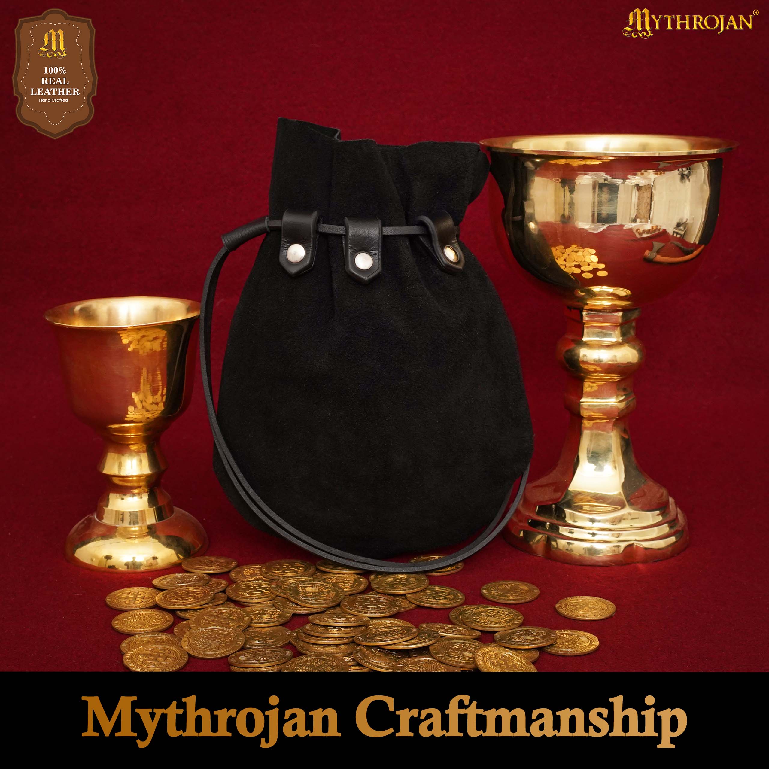 Mythrojan “ Gold and Dice ” Medieval Drawstring Bag, Ideal for SCA LARP Reenactment &amp; Ren fair Suede Leather Pouch, Black 9.2” ×7.2 ”