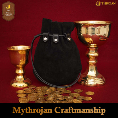 Mythrojan “ Gold and Dice ” Medieval Drawstring Bag, Ideal for SCA LARP Reenactment &amp; Ren fair Suede Leather Pouch, Black 9.2” ×7.2 ”