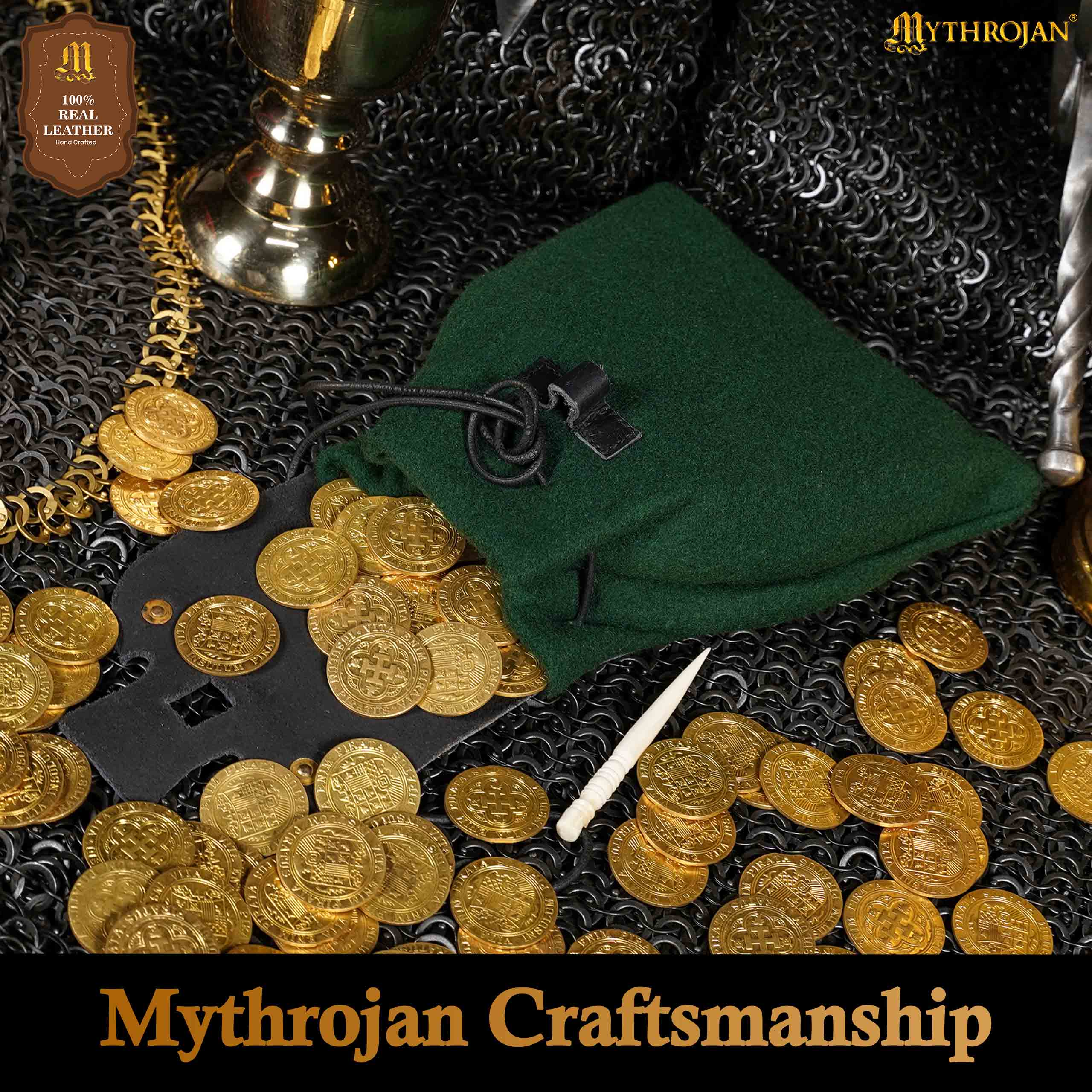 Mythrojan “Gold and Dice” Medieval Fantasy Belt Bag with Bone Needle Closure, Ideal for SCA LARP reenactment &amp; Ren fair, Black and Green, 7”×7”