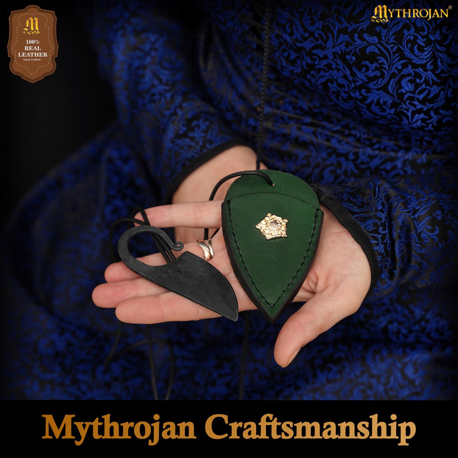 Mythrojan Celtic Ring Knife Hand Forged Necklace Knife with Green Leather Sheath