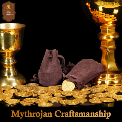 Mythrojan Pair of Medieval Drawstring Pouches, Ideal for SCA LARP reenactment &amp; Ren fair-Suede Leather, Chocolate Brown