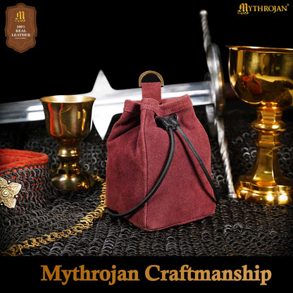 Mythrojan Medieval Drawstring Belt Bag, ideal for SCA LARP reenactment &amp; Ren fair, Suede Leather, Wine Red, 6.5”×4.5”