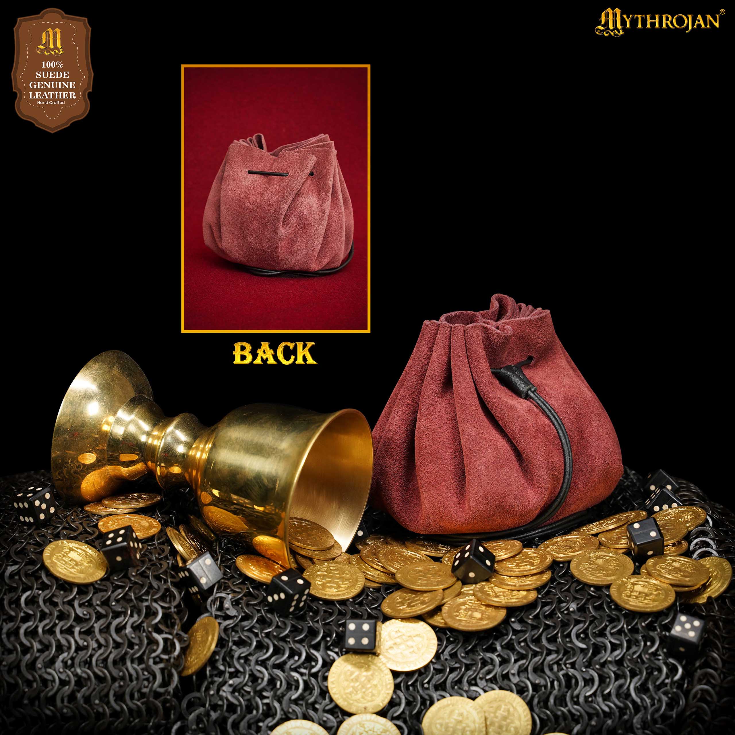 Mythrojan “ Gold and Dice ” Medieval Drawstring Bag, Ideal for SCA LARP Reenactment &amp; Ren fair - Suede Leather Pouch, Wine Red 3.5&quot;