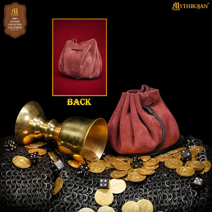 Mythrojan “ Gold and Dice ” Medieval Drawstring Bag, Ideal for SCA LARP Reenactment &amp; Ren fair - Suede Leather Pouch, Wine Red 3.5&quot;