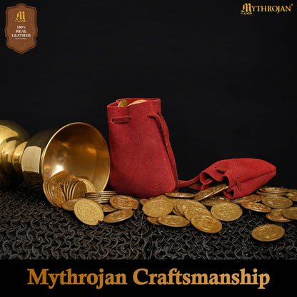 Mythrojan Pair of Medieval Drawstring Pouches, Ideal for SCA LARP Reenactment &amp; Ren fair - Suede Leather, Red