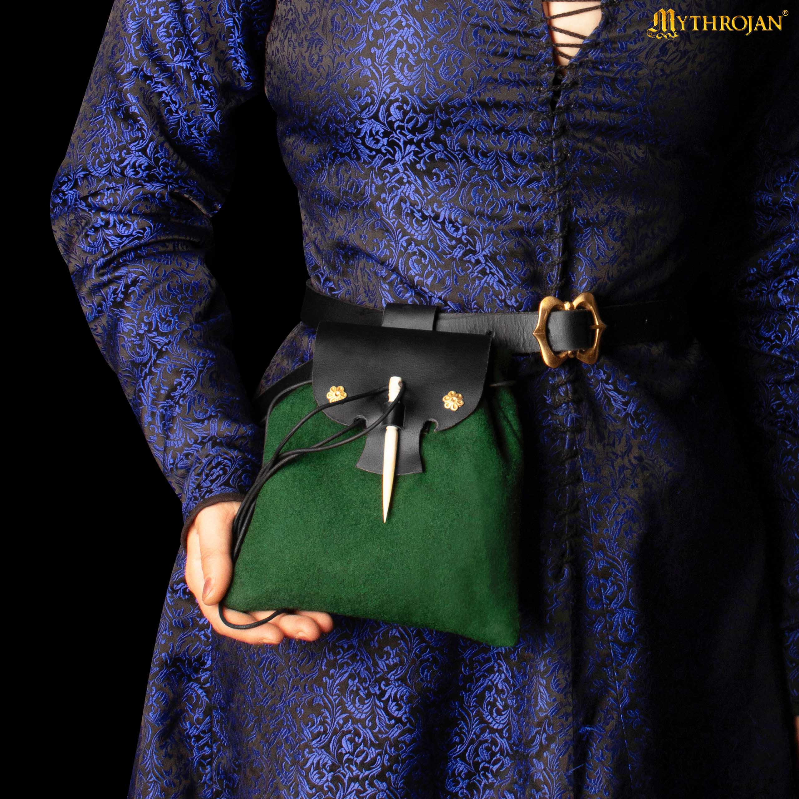 Mythrojan “Gold and Dice” Medieval Fantasy Belt Bag with Bone Needle Closure, Ideal for SCA LARP reenactment &amp; Ren fair, Black and Green, 7”×7”