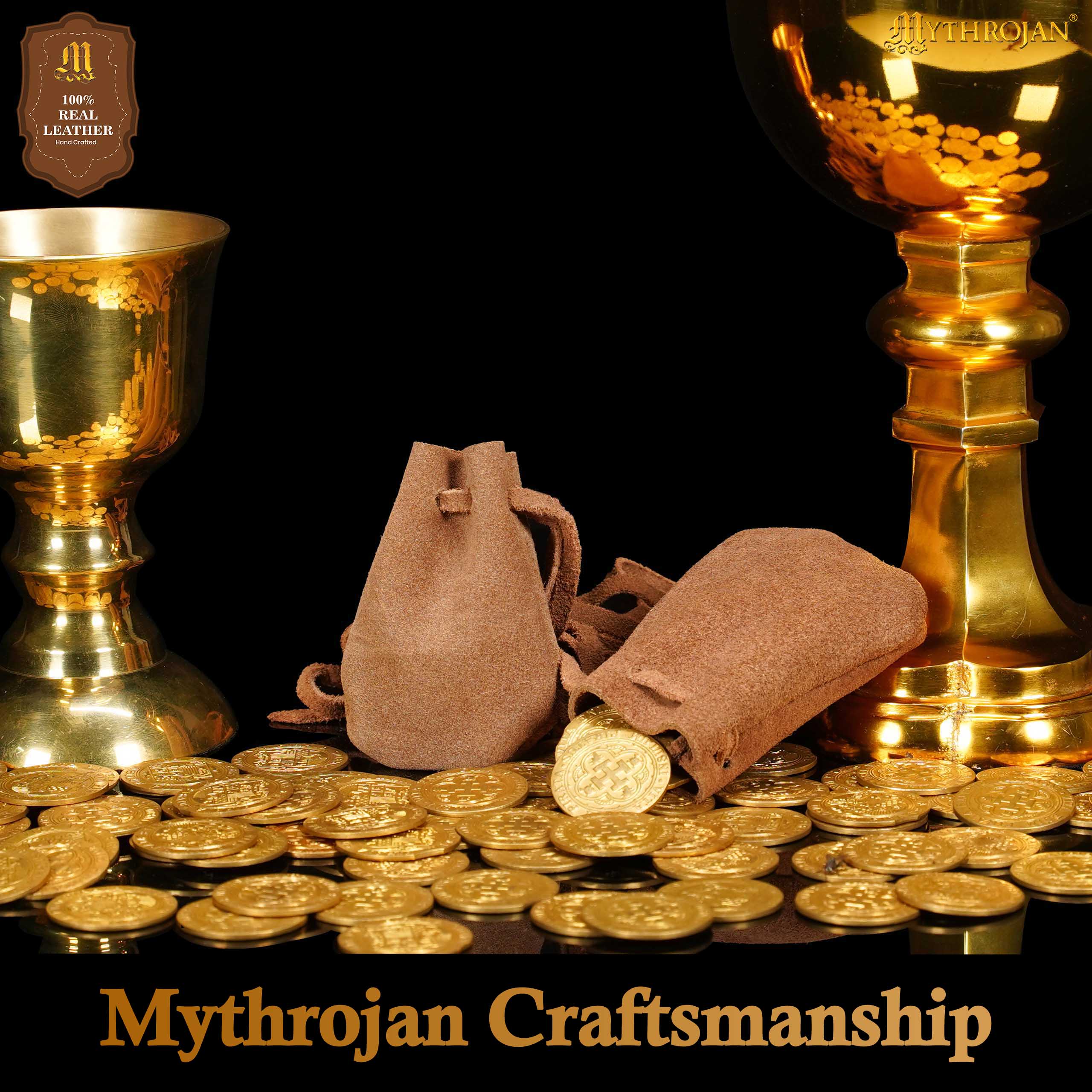 Mythrojan Pair of Medieval Drawstring Pouches, Ideal for SCA LARP Reenactment &amp; Ren fair - Suede Leather, Brown