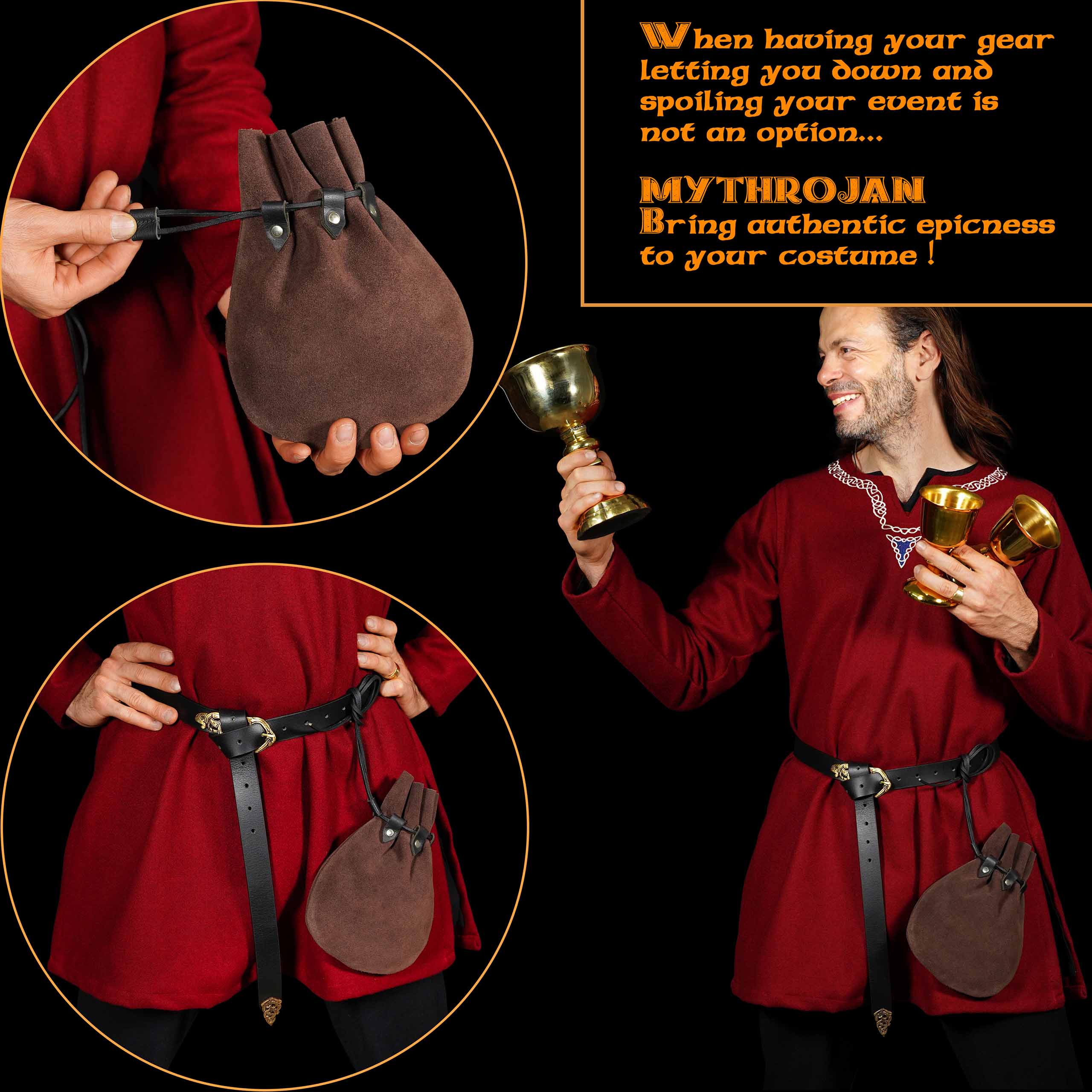 Mythrojan “ Gold and Dice ” Medieval Drawstring Bag, Ideal for SCA LARP Reenactment &amp; Ren fair Suede Leather Pouch, Chocolate Brown 9.2” ×7.2 ”