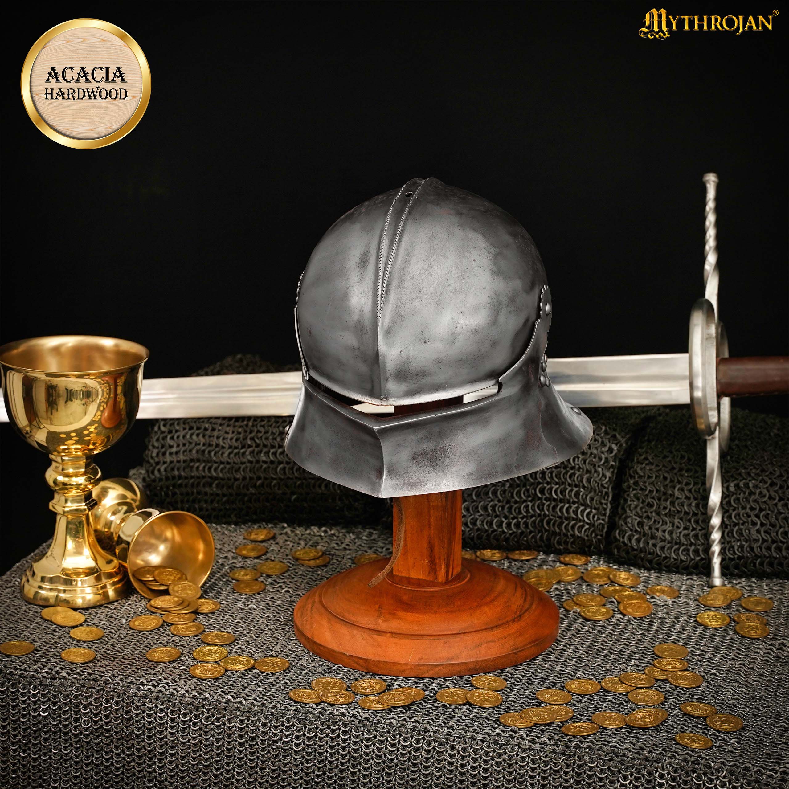 Mythrojan Wooden Helmet Display Stand Medieval Roman Viking Templar Spartan Cosplay LARP Knight Stand