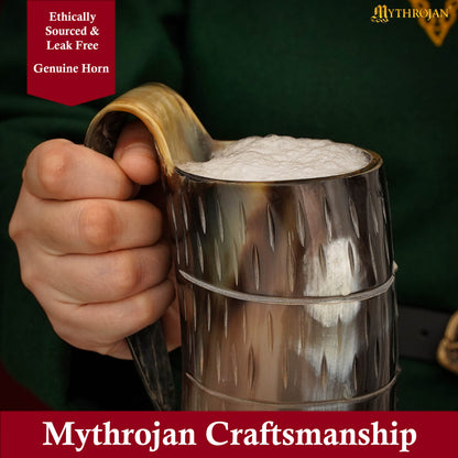 Mythrojan Viking Drinking Tankard with Medieval Buckle Leather Strap Wine Beer Mead Mug 600 ML - Polished Finish