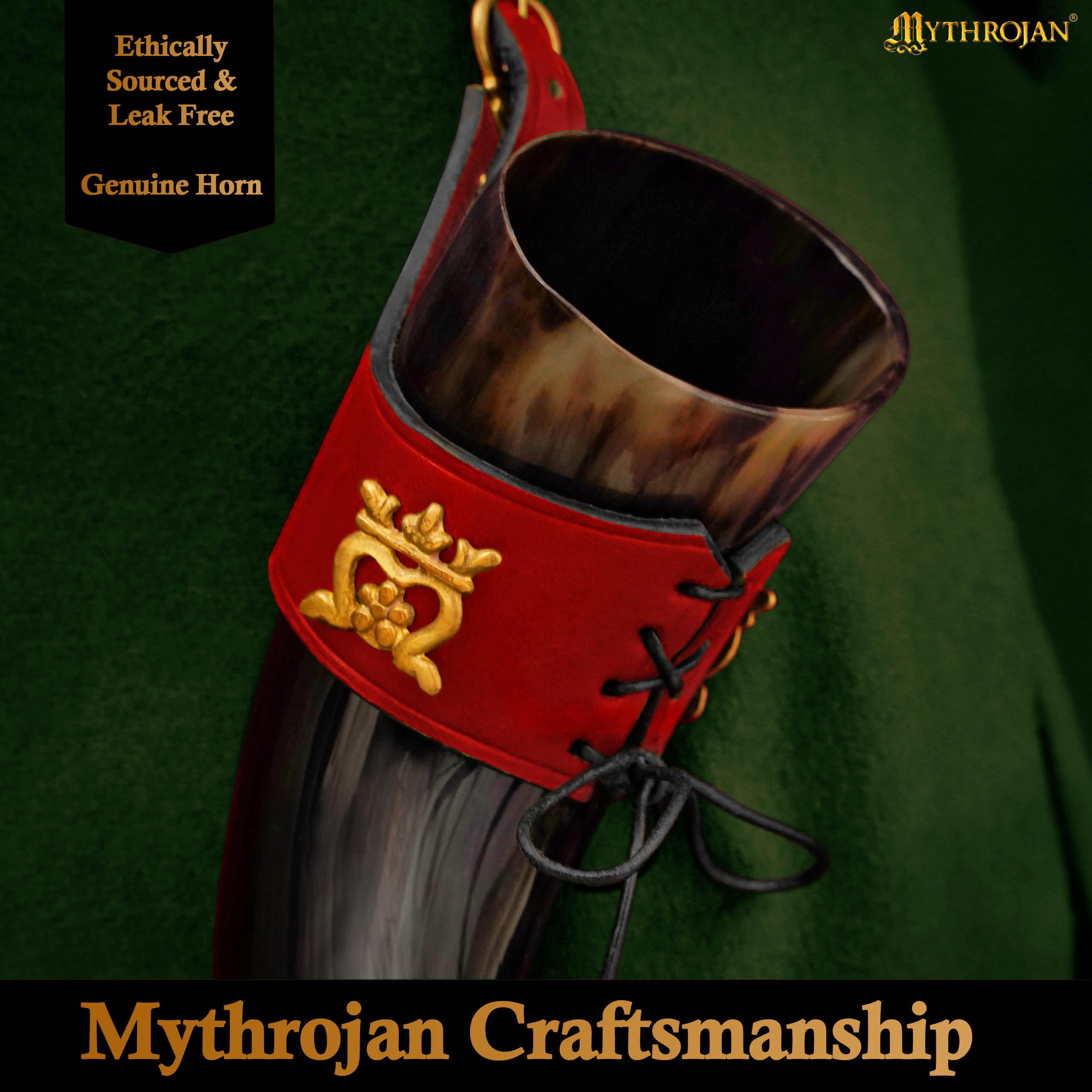 Mythrojan&quot;THE ELEGANT LADY&quot; Viking Drinking Horn with Leather Holder Authentic Medieval Inspired Viking Wine/Mead Mug - Polished Finish - 250 ML / Red