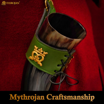 Mythrojan&quot;THE ELEGANT LADY&quot; Viking Drinking Horn with Leather Holder Authentic Medieval Inspired Viking Wine/Mead Mug - Polished Finish - 250 ML / Green