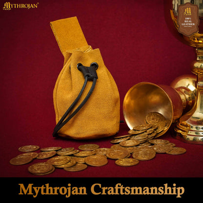 Mythrojan Medieval Drawstring Belt Bag, Ideal for SCA LARP Reenactment &amp; Ren fair , Suede Leather , Gold 6” ×5 ”