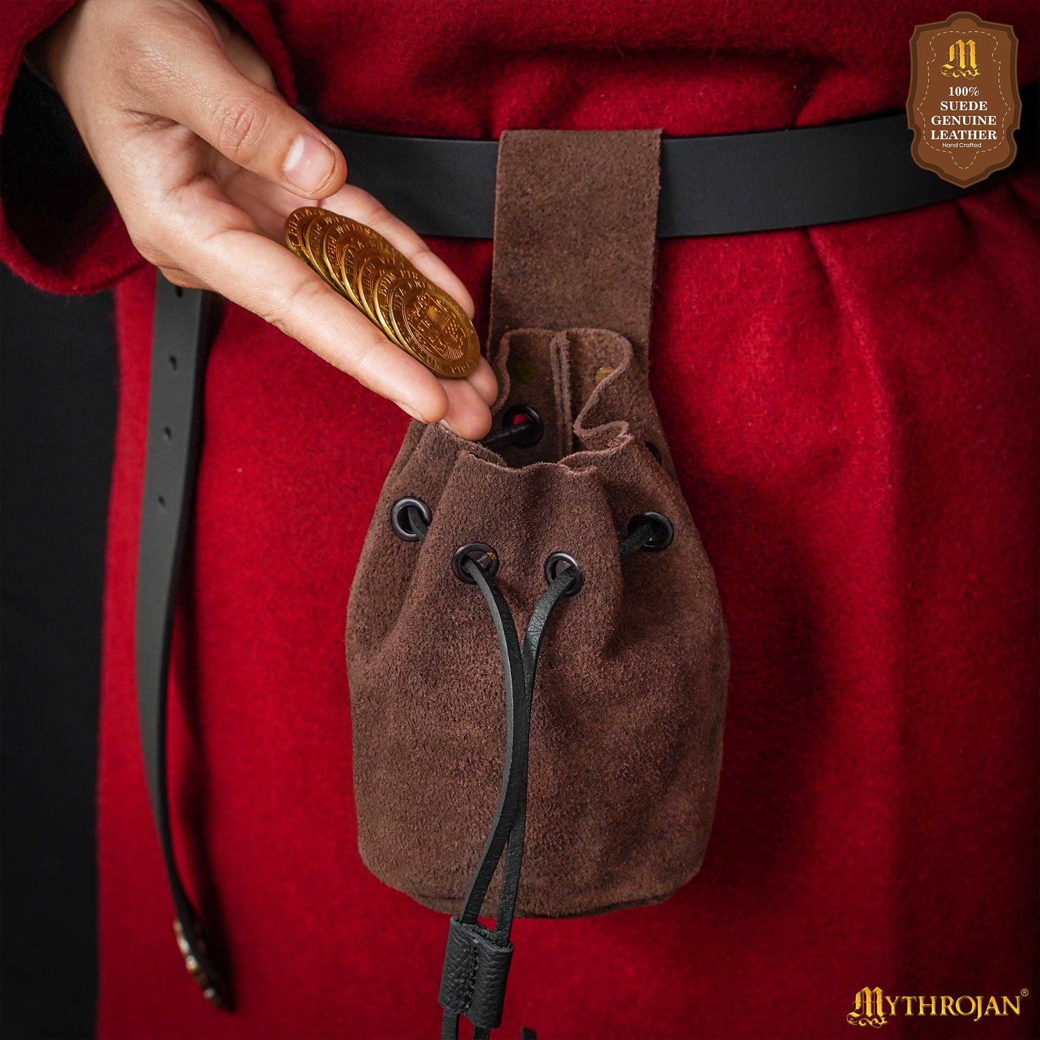 Mythrojan Medieval Drawstring Belt Bag, Ideal for SCA LARP Reenactment &amp; Ren Fair, Suede Leather, Chocolate Brown, 5&quot; X 6&quot;