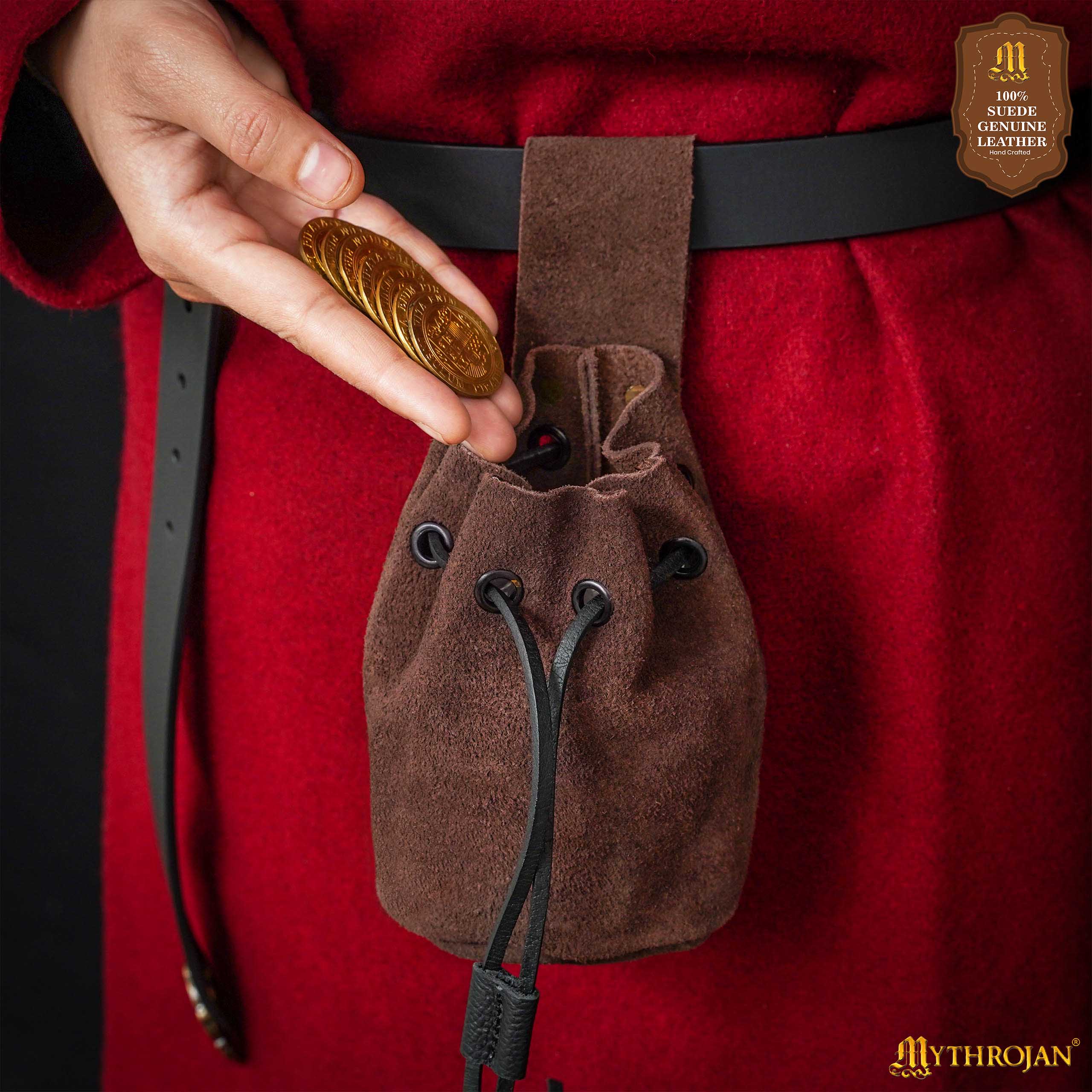 Mythrojan Medieval Drawstring Belt Bag, Ideal for SCA LARP Reenactment &amp; Ren Fair, Suede Leather, Chocolate Brown, 5&quot; X 6&quot;