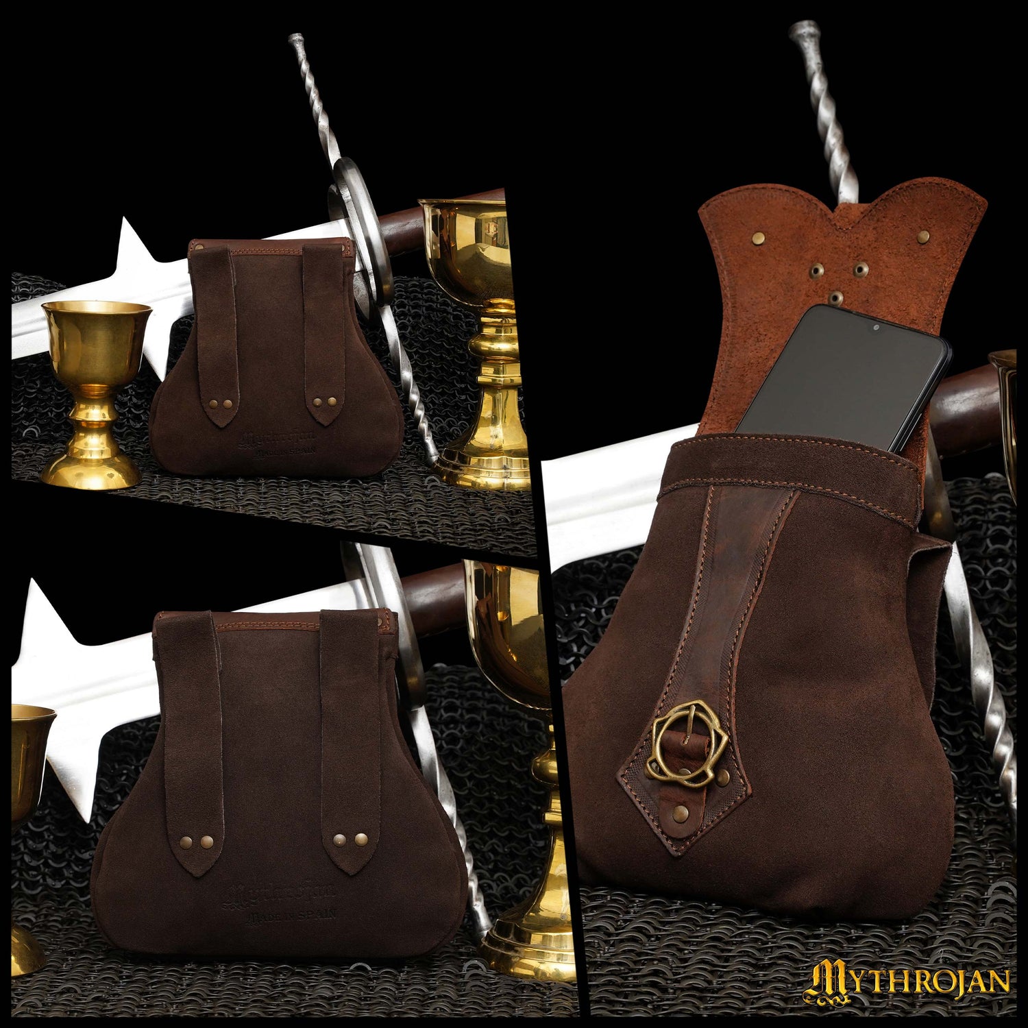 MYTHROJAN “ STALWART WARRIOR ” LEATHER POUCH MADE IN SPAIN for LARP, Medieval SCA Cosplay Brown, 8 ”×8”