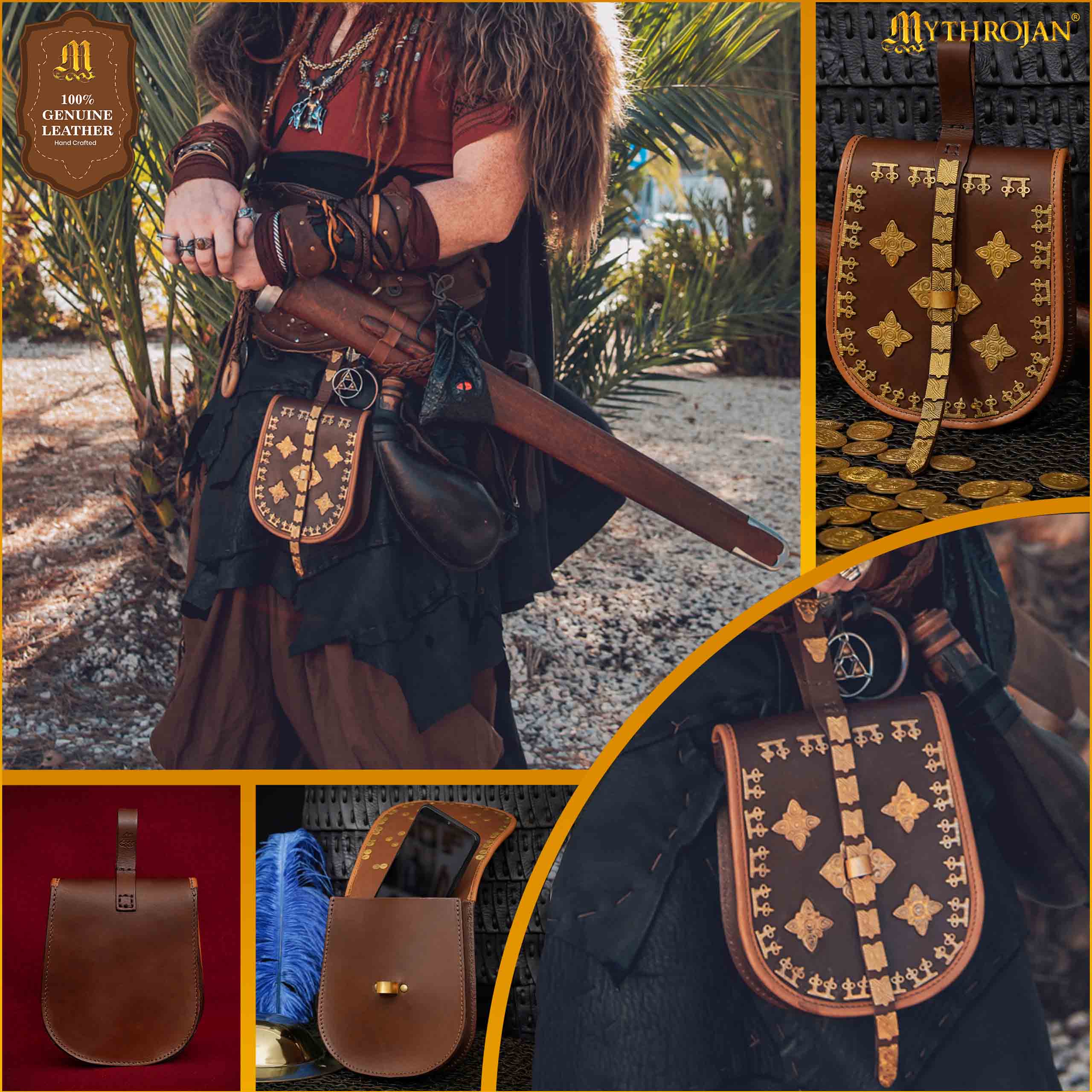 Viking-inspired bag, leather and birka cheapest wood mauve