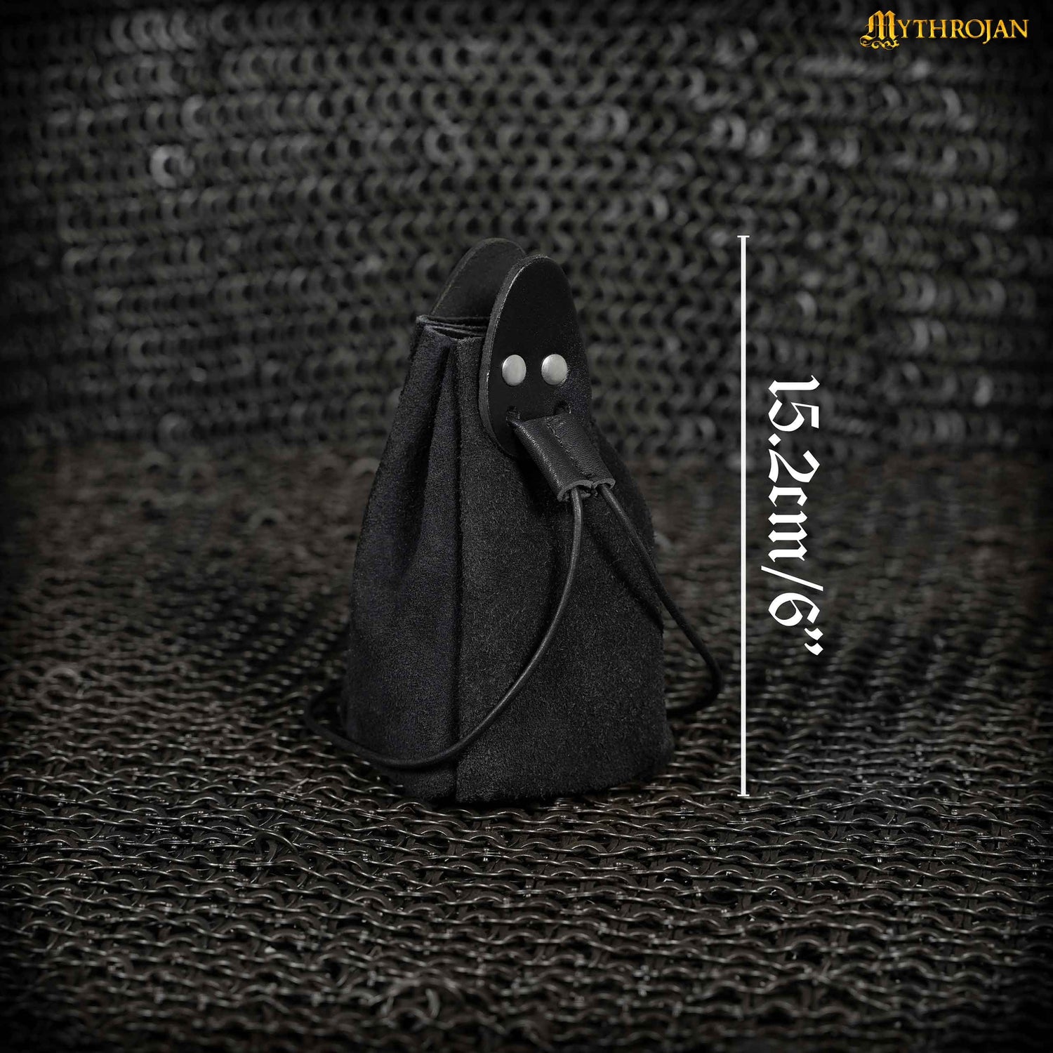 Mythrojan “Gold and Dice” Drawstring Pouch, Ideal for SCA LARP Reenactment &amp; Ren fair - Suede Leather Pouch, Black , 6 ”