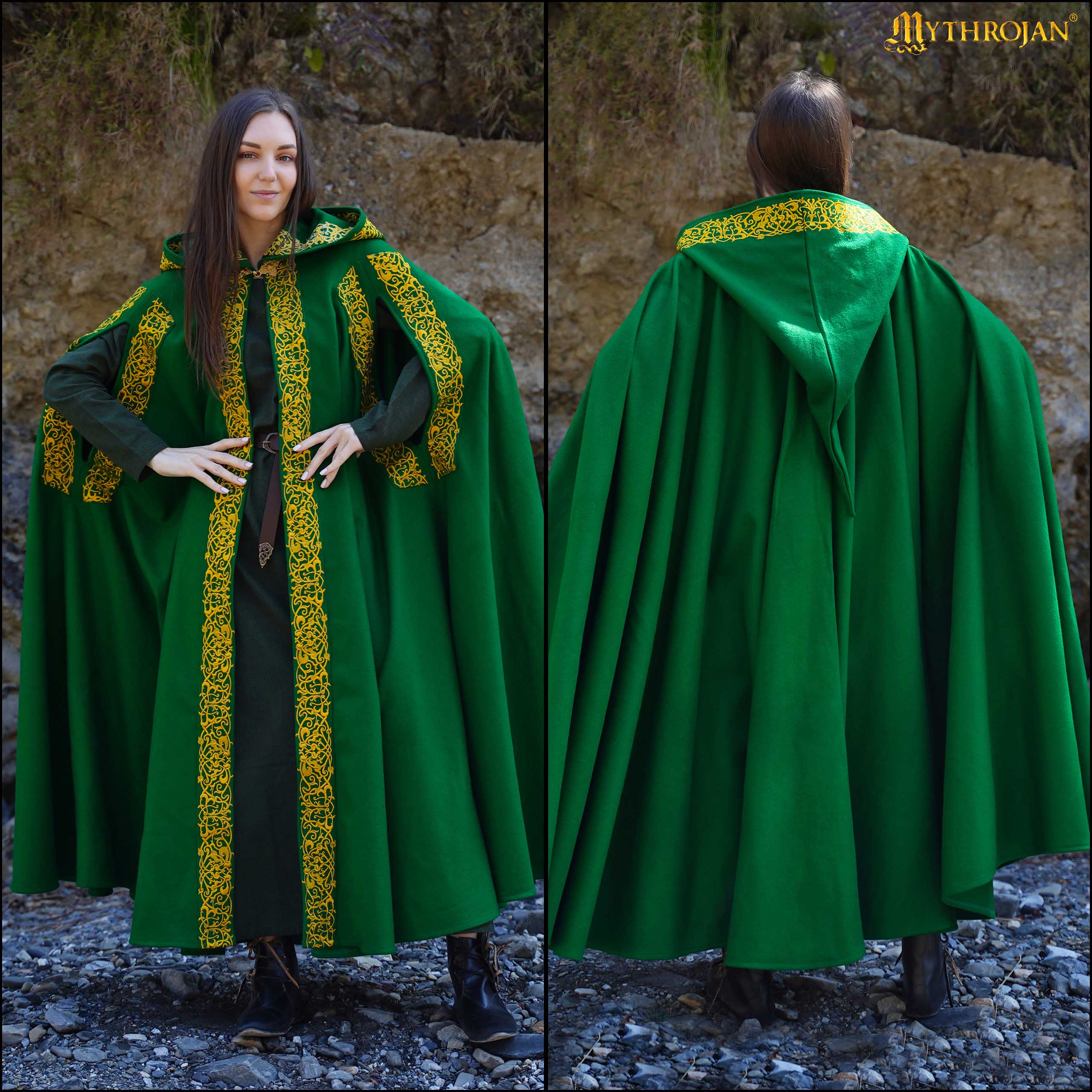 Mythrojan Embroidered Woolen Hooded Cloak /Cape with delicate BRASS BROOCH Medieval Wool Cape for Ranger LARP SCA Cosplay, Green , Large