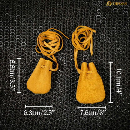 Mythrojan Pair of Medieval Drawstring Pouches, Ideal for SCA LARP Reenactment &amp; Ren fair - Suede Leather, Yellow