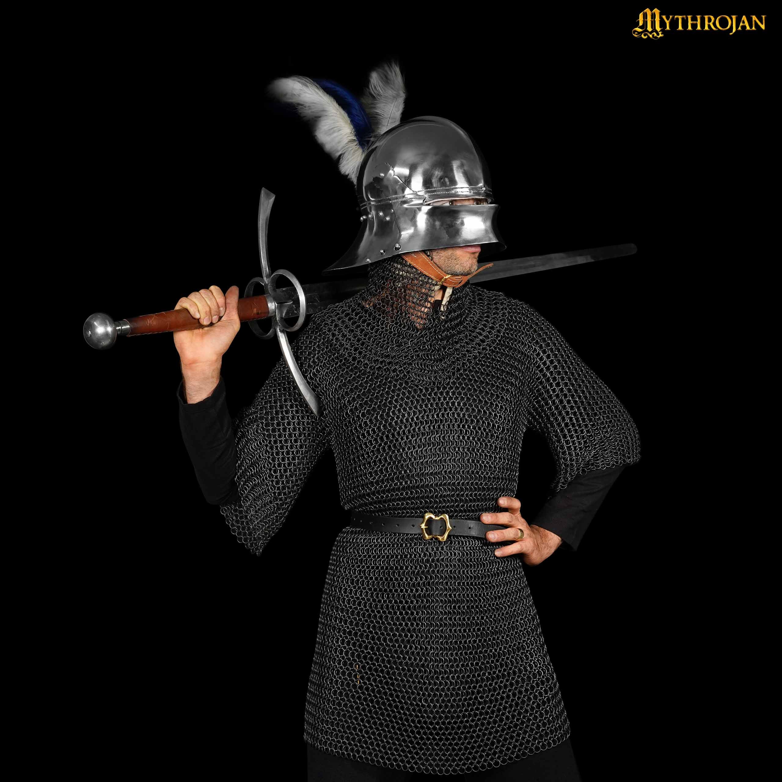 Mythrojan Medieval Chainmail Coif Butted Mild Steel, Medieval SCA Reenactments Medieval Events, Black Finish, L